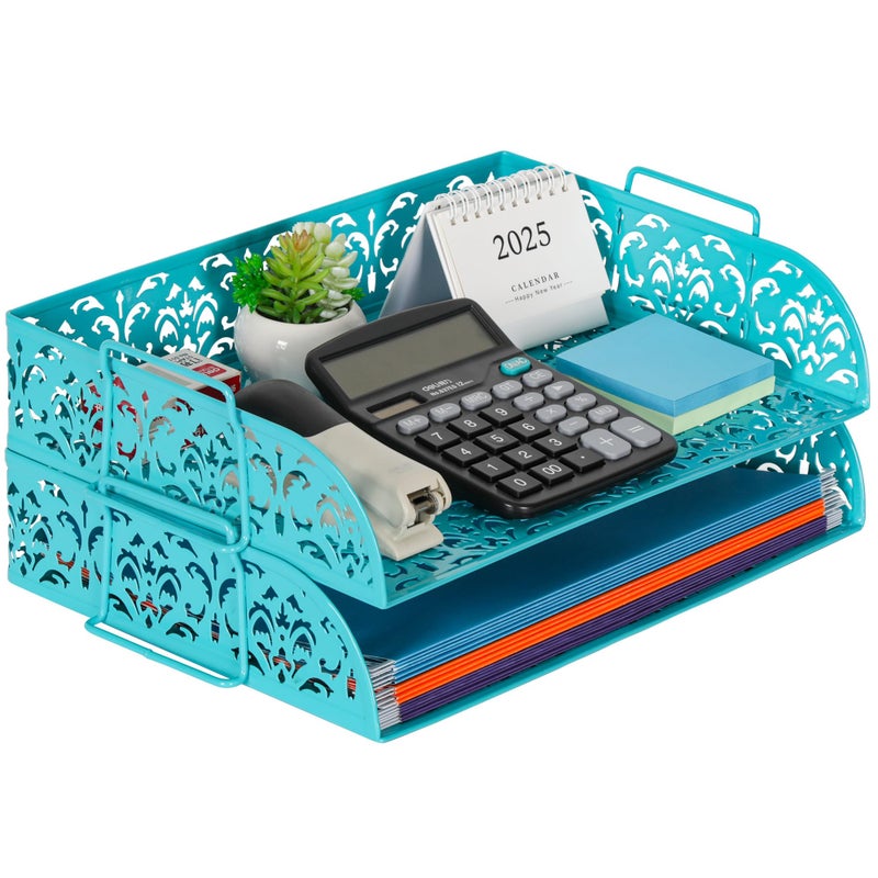 EasyPAG Paper Organizer for Desk 2 Tier Stackable Paper Tray for A4 Legal Size Folders Metal File Storage Desktop Organizer for Home Office School Teacher, Dark Teal - Image 1